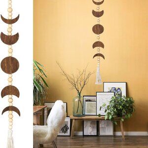 Boho Decor Moon Phase Wall Hanging Wood Beaded with Tassel Phases of The Moon